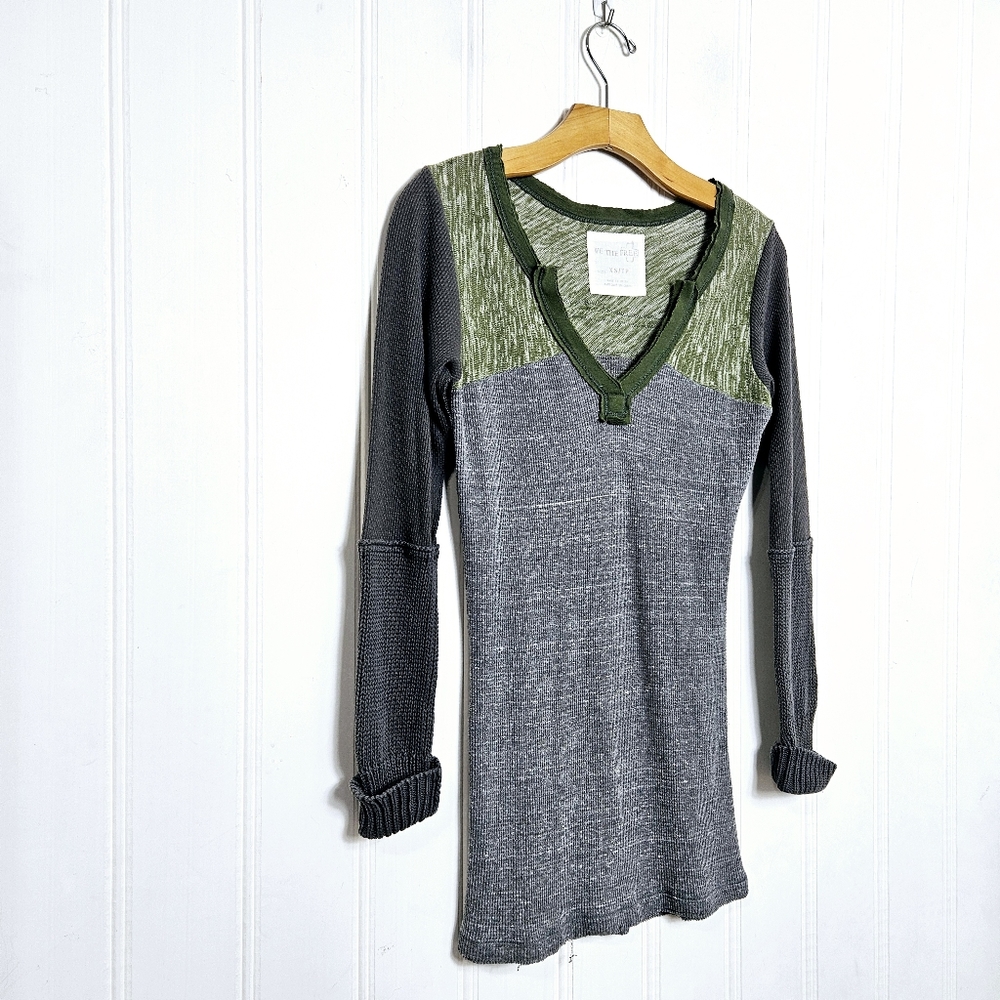 Free People We The Free Top XS Colorblock Thermal Henley Boho Olive Gray Knit
